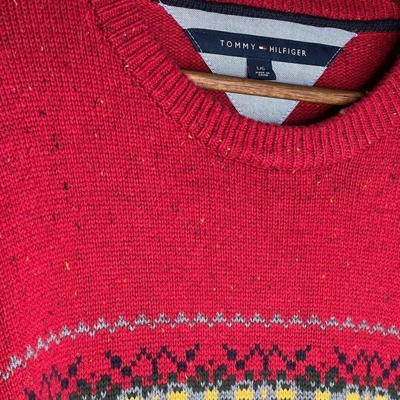 Tommy Hilfiger Red Navy Stripe Fair Isle Pullover Sweater Cotton Wool Size Large - Picture 5 of 9
